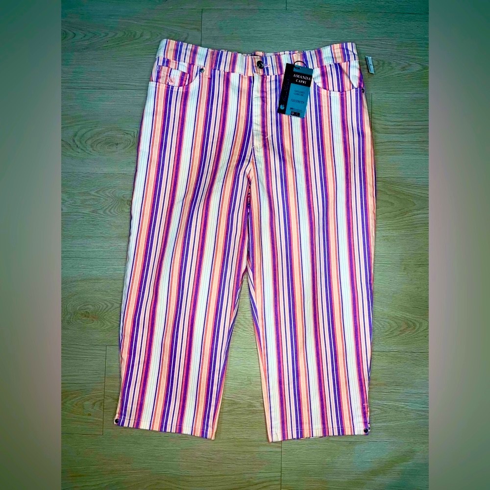 NWT Gloria Vanderbilt‎ Amanda Capri Flex Stretch Rise Striped Crop Pants Size 14